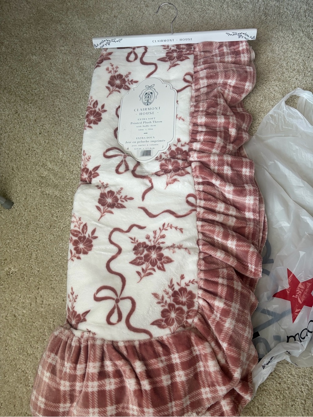 Dusty Rose Floral & Plaid Ruffle Throw